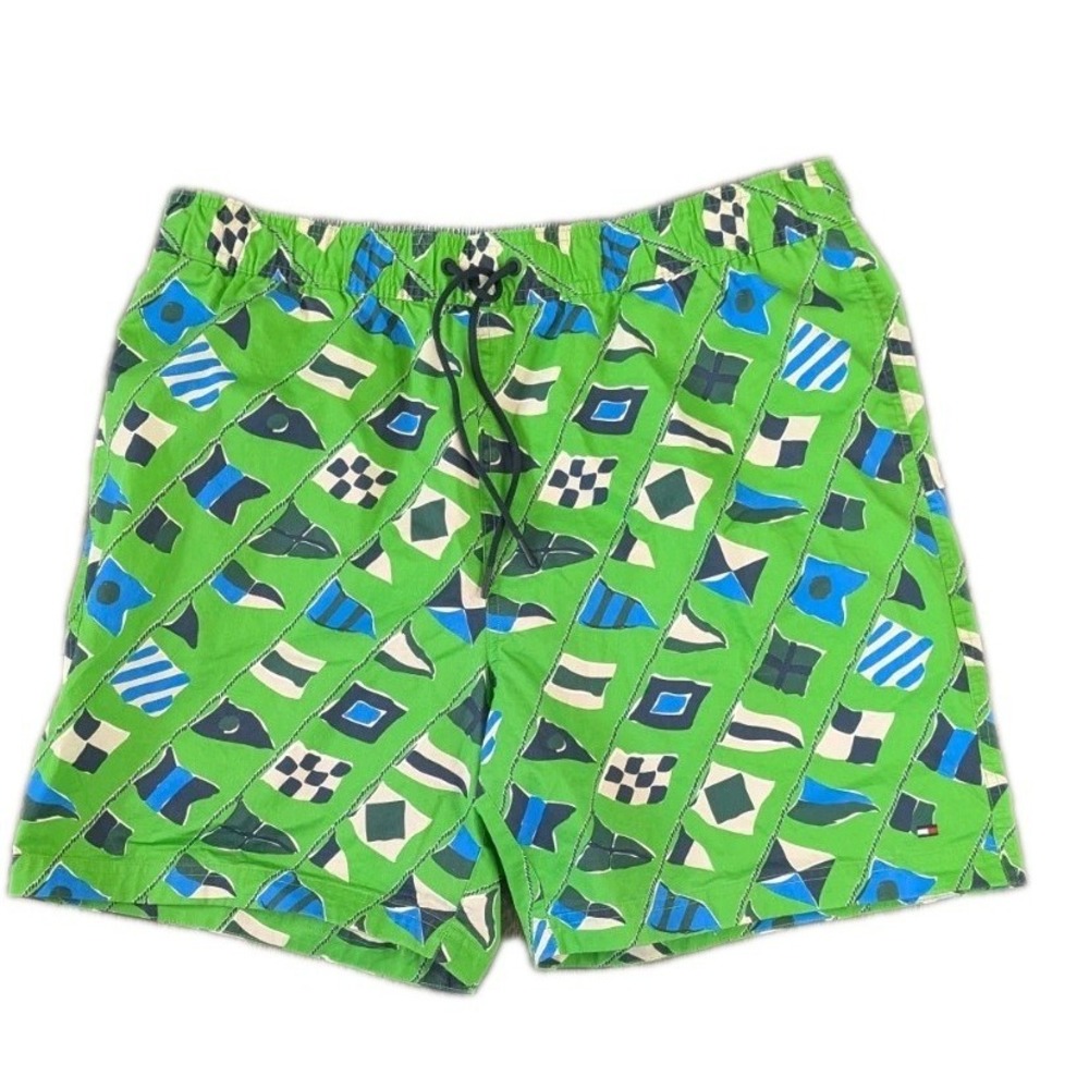 Tommy Hilfiger XL Mens Swim Trunks Green Flags‎ Logo Mesh Lined Pockets Vacation